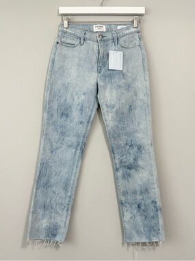 NEW Frame Le High Straight Leg Acid Wash Style Denim Raw Hem Jeans